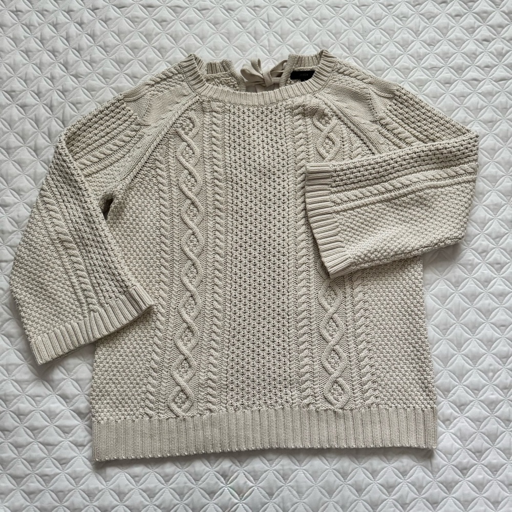 J. Crew 100% Cotton Ivory Cable Knit Crewneck 3/4 Sleeve Tie-Back Sweater Size S